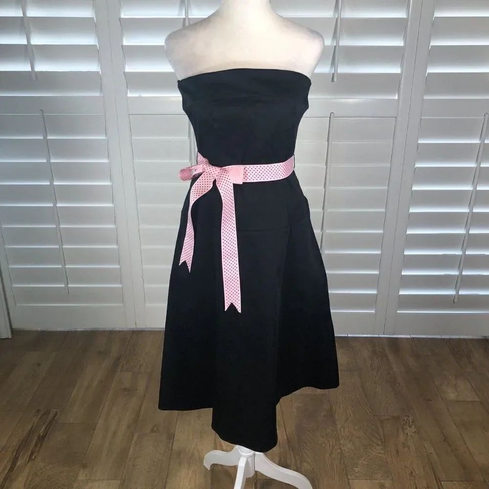 Vtg Strapless Black Pin Up Style Rockabilly Dress 4 Cotton Spandex Swing 80s 90s
